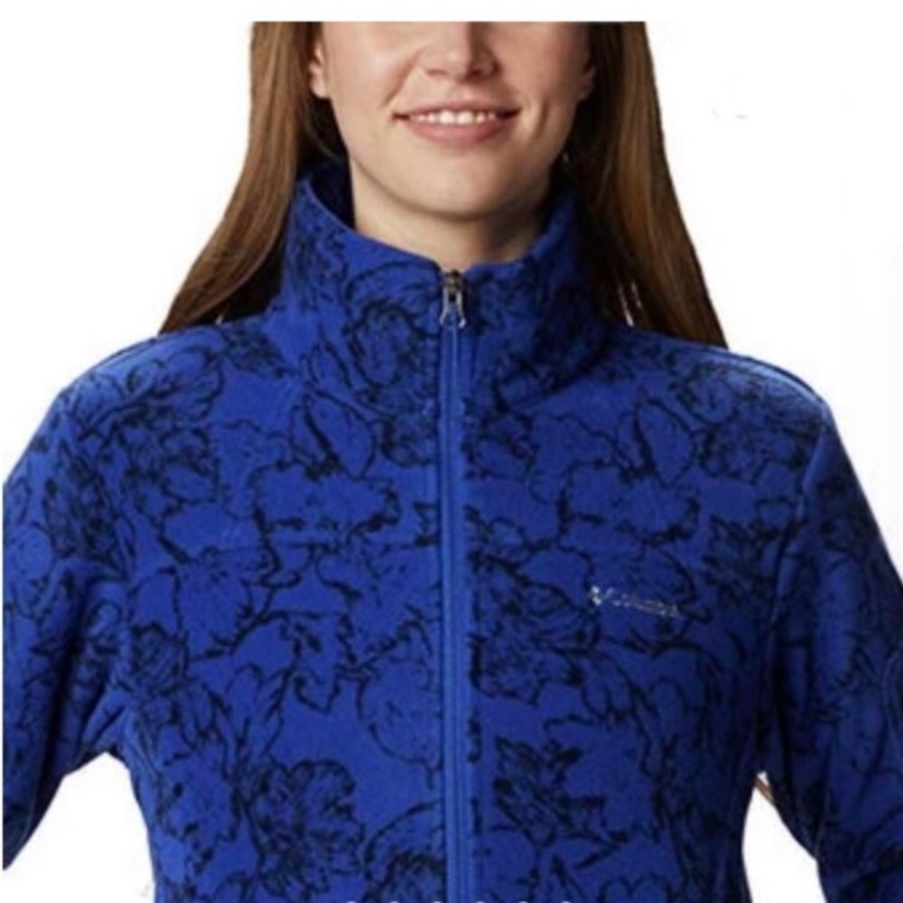 $70 Womens COLUMBIA Fast Trek Blue Black Floral Print Fleece Zip Up Jacket Sz M - Picture 10 of 16